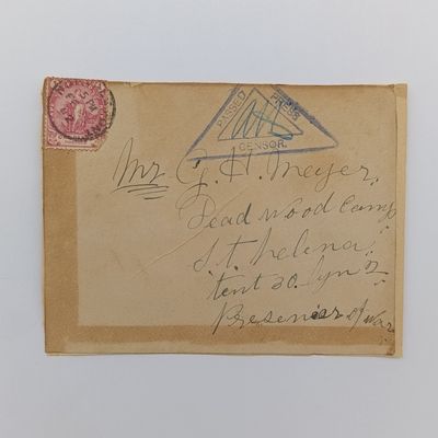 Boer War POW fronts stuck back to back one side posted Norvalspont 25 Feb 1902 to GH Meyer Deadwood Camp, St Helena - See description