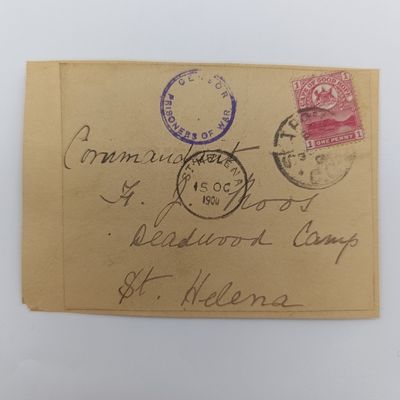 Boer War POW fronts stuck back to back - one side posted Cape of Good Hope to Commandant FJ Roos, Deadwood Camp, St Helena Received 15 Oct 1900 - Double rim censor mark - See description