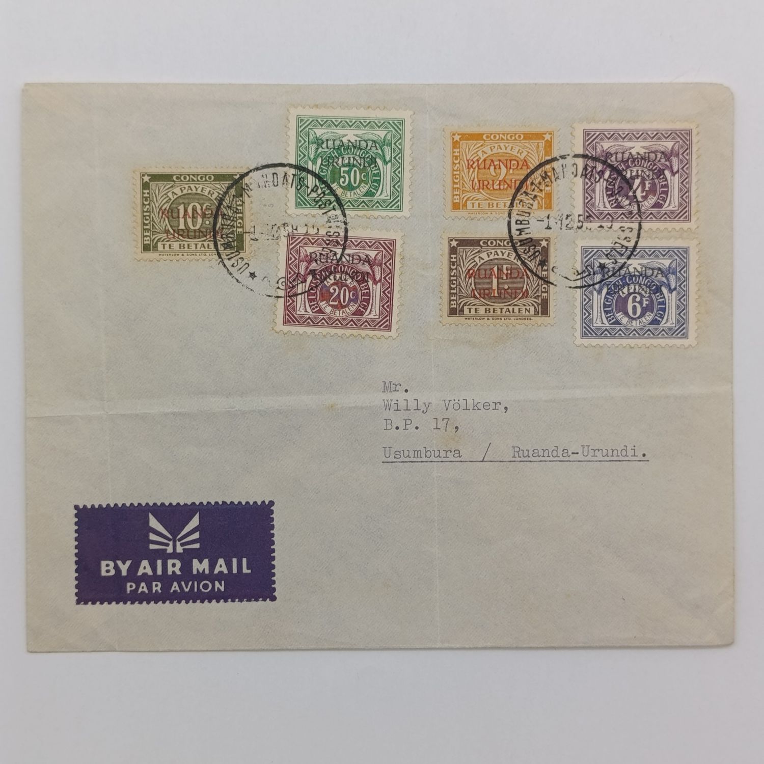 Belgium Congo and Rwanda Postage dues and postage on cover to Usumbura, Ruanda-Urundi - stamps cancelled 1 Dec 1958 - colorful airmail cover