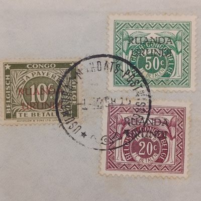 Belgium Congo and Rwanda Postage dues and postage on cover to Usumbura, Ruanda-Urundi - stamps cancelled 1 Dec 1958 - colorful airmail cover