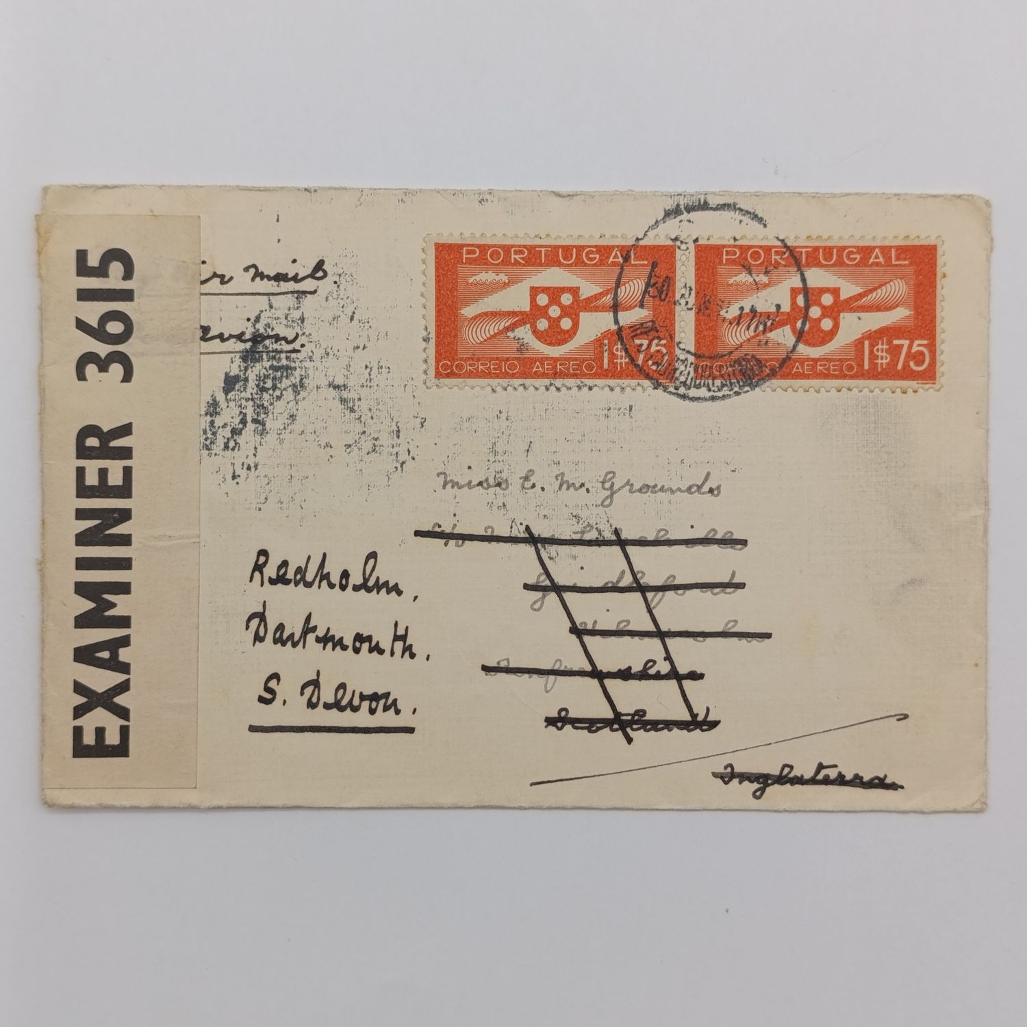 Postal cover from Portugal WW2 period to Devan England - censor label Examiner 3615 Redirected from Scotland to England