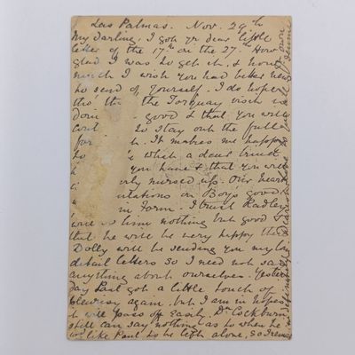 1887 Las Palmas postal card sent to London via Liverpool - Paid Liverpool parcel post red rubber stamp prepaid postage