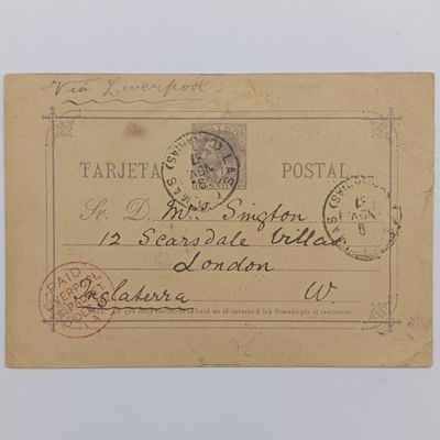 1887 Las Palmas postal card sent to London via Liverpool - Paid Liverpool parcel post red rubber stamp prepaid postage