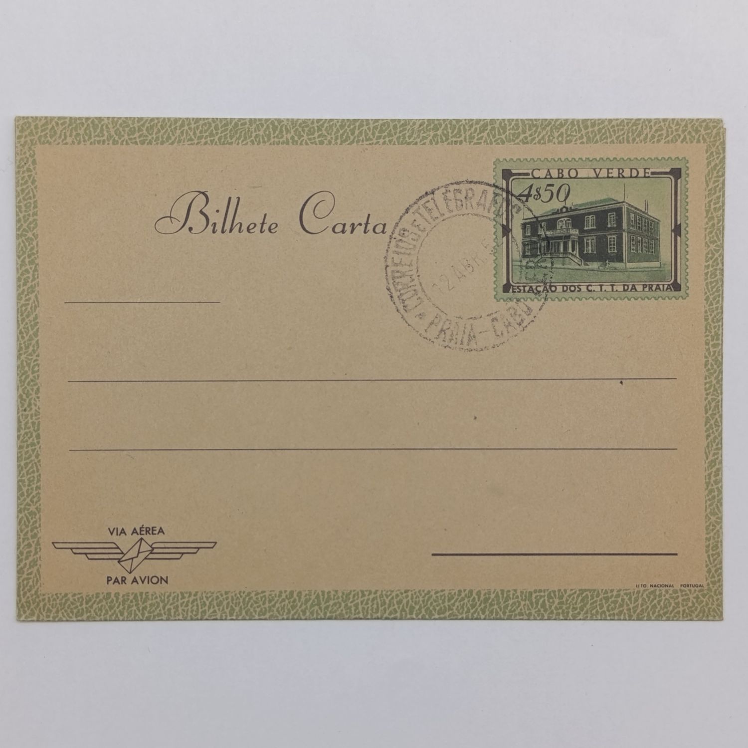 Cape Verde Islands letter card with prepaid postage card with prepaid postage cancelled 12 April  1952