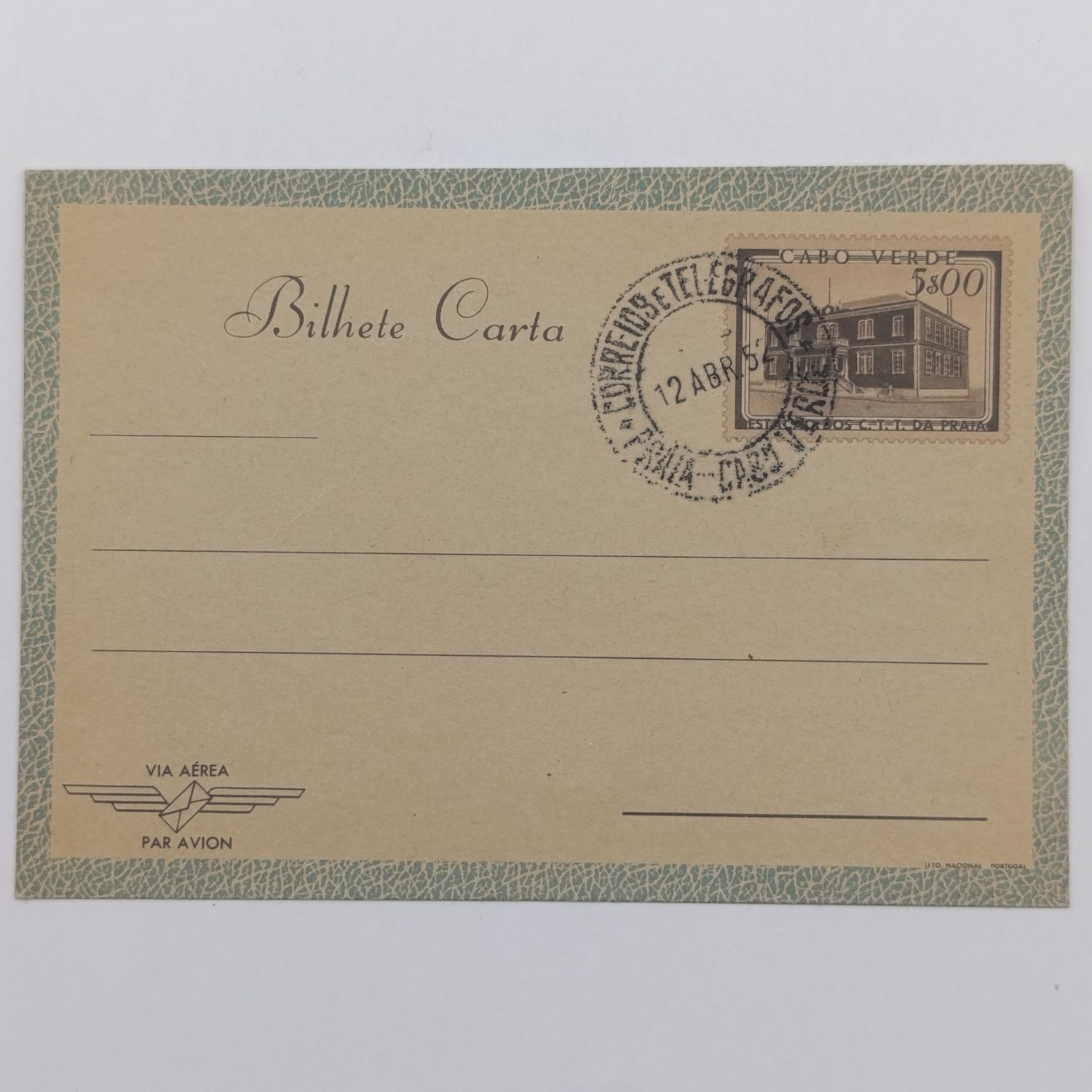 Cape Verde Islands letter card with prepaid postage cancelled 12 April 1952