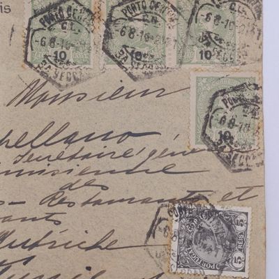 Postal cover sent on Grand Hotel Paris stationary from Porto, Portugal to Tunisia - 6 Portuguese stamps posted 6/8/1915 and received cancellation at back on 12/8/1915