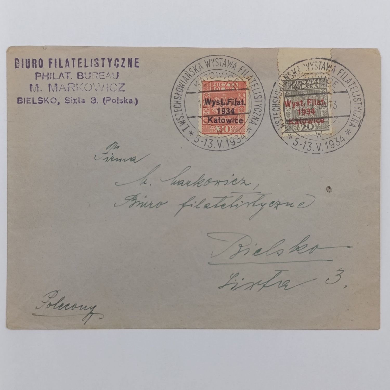 1934 Polish over stamped stamps on cover - posted to Bielsko, Poland - Philatelic exhibition in Katawice May 5-13, 1934