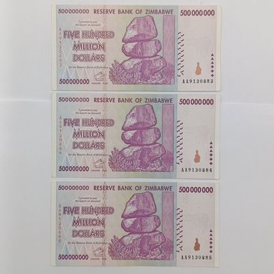 Zimbabwe - Lot of 3 AA banknotes with consecutive numbers Harare 2008 500 million dollars
