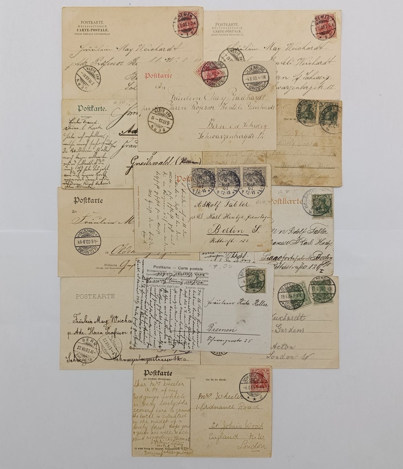 Lot of 12 German postcards used before 1910 - to Germany and England