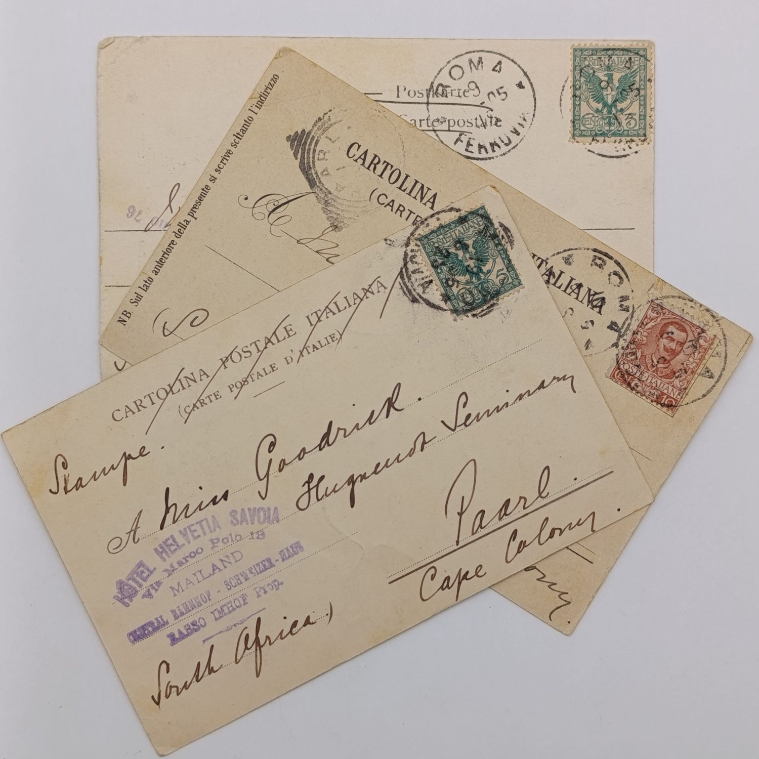 Lot of 3 Postcards sent more than a century ago from Italy to Paarl, South Africa