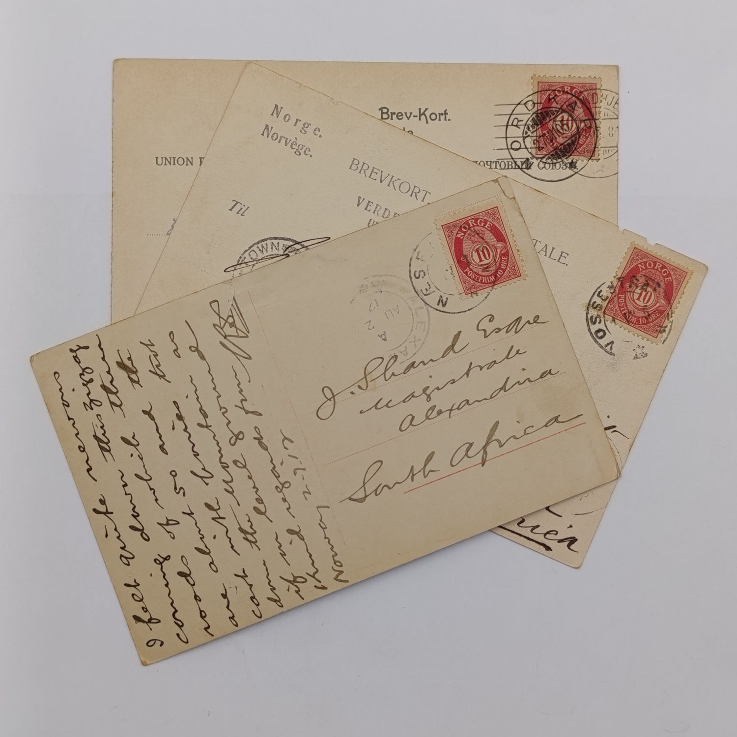 Lot of 3 Postcards - each one over a century old and sent from Norway to South Africa