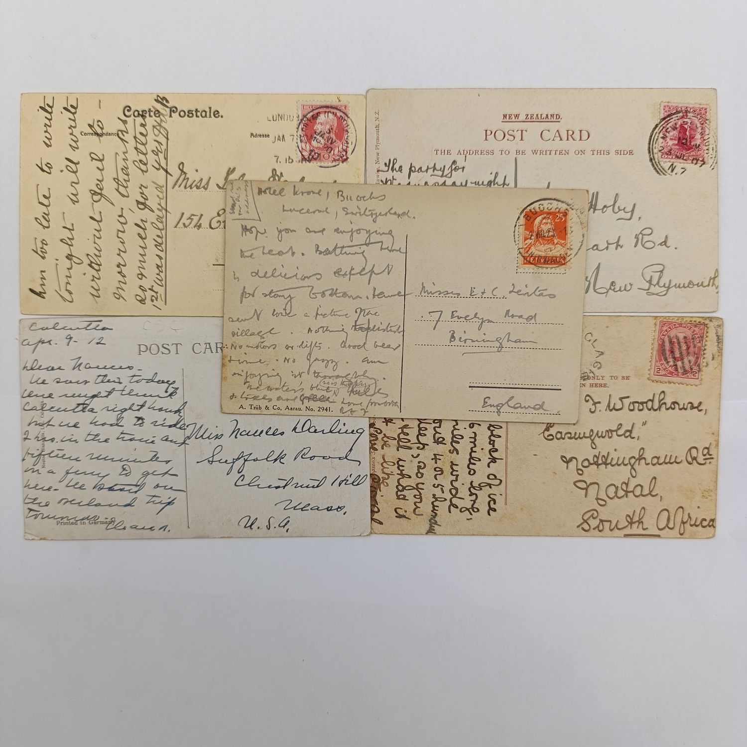 Lot of 5 postcards more than a century old sent to New Zealand, Switzerland, Canada, India and Belgium