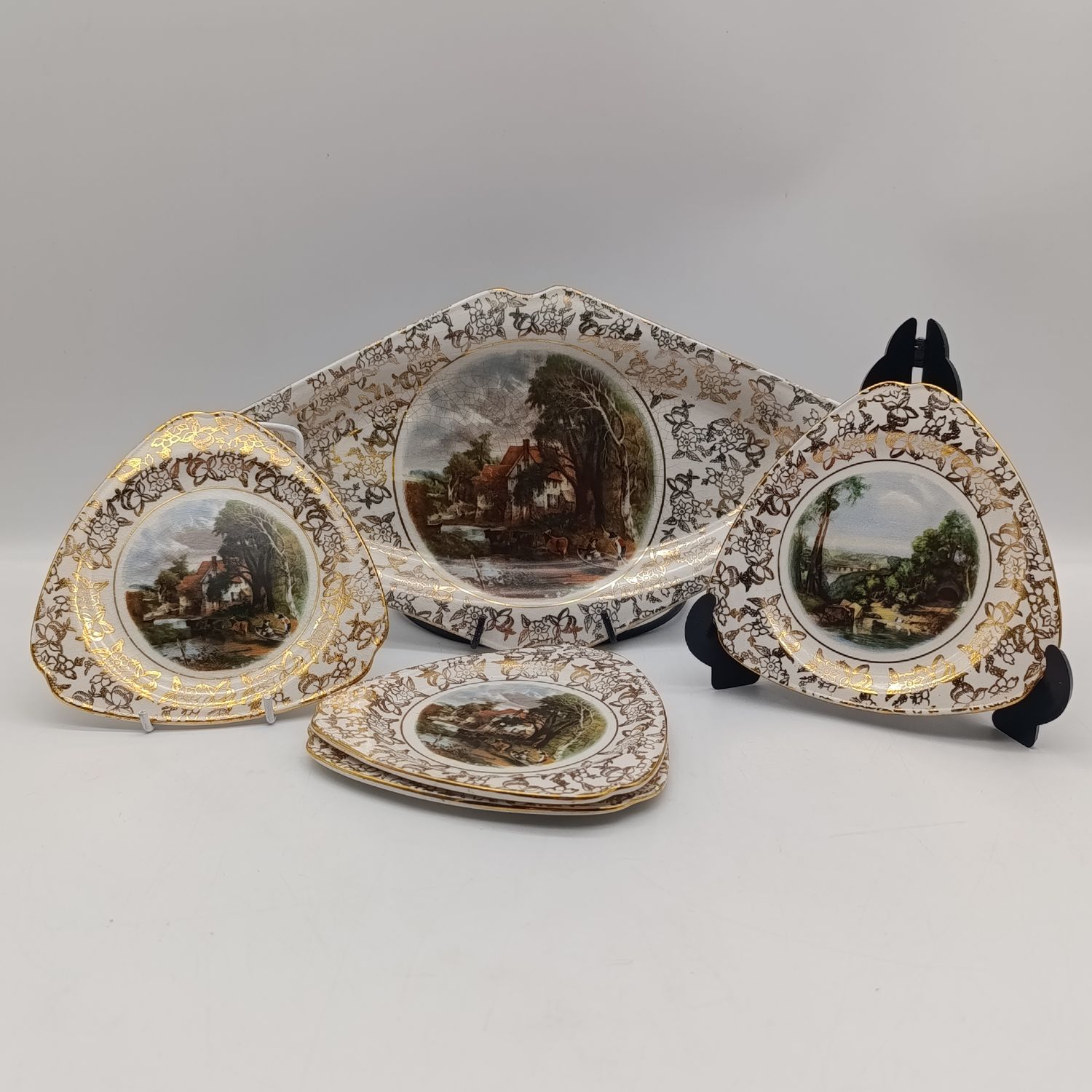 Vintage Lord Nelson ware porcelain snack platter set - Constable Valley farm and other