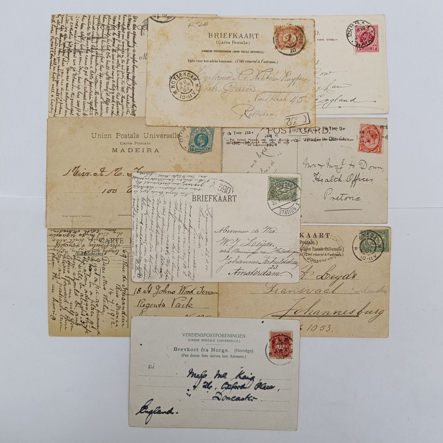 Lot of 9 Postcards posted over a century ago from Transvaal, Natal, Netherlands, Norway, France