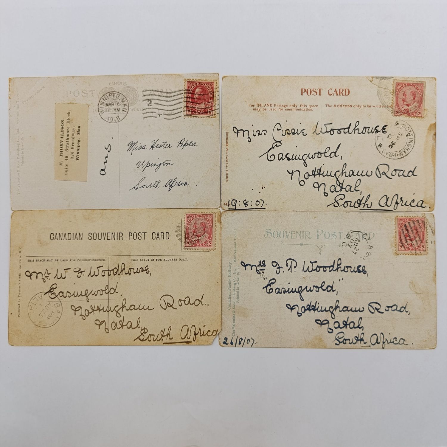 Lot of 4 Postcards sent from Canada to South Africa more than a century ago