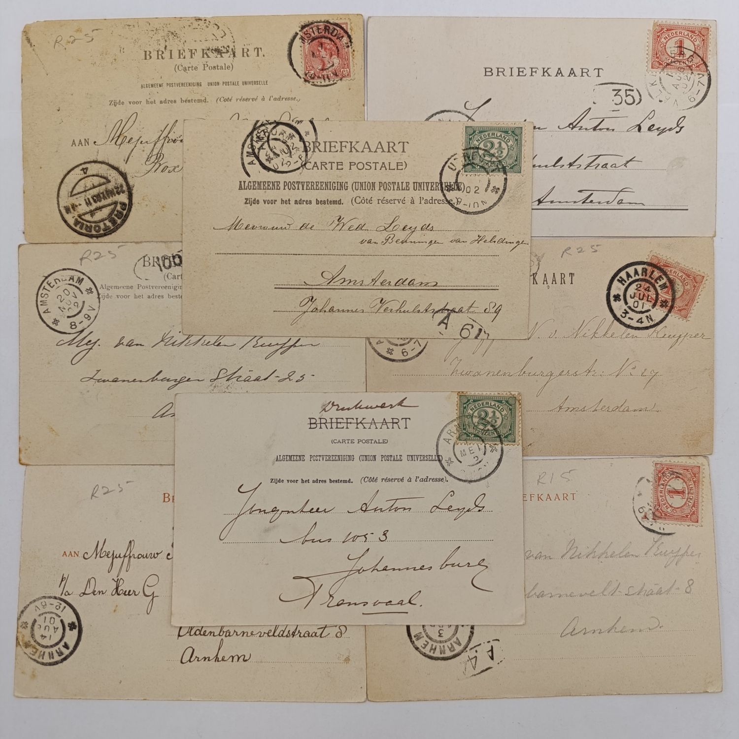 Lot of 8 Postcards - each one over 120 years old and posted in the Netherlands ( 2 to South Africa )