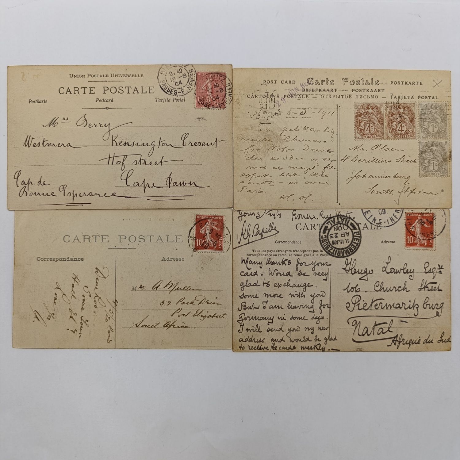Lot of 4 postcards sent more than a century ago from France to south Africa