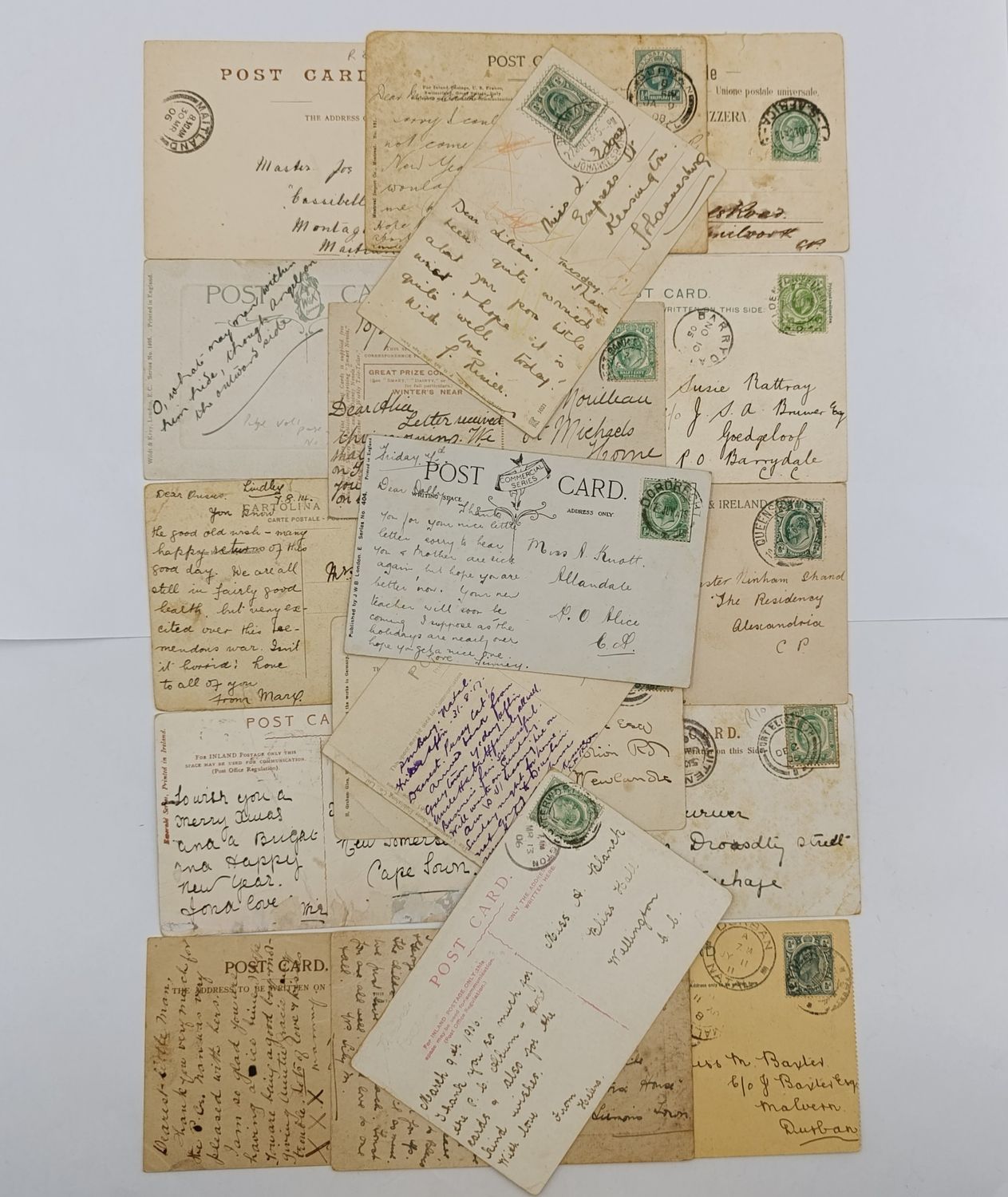 Lot of 18 Postcards used inside South Africa more than a century ago - all with stamps