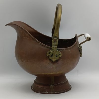 Antique Copper coal scuttle with porcelain handle