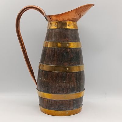 Antique Oak wood and copper wine pitcher
