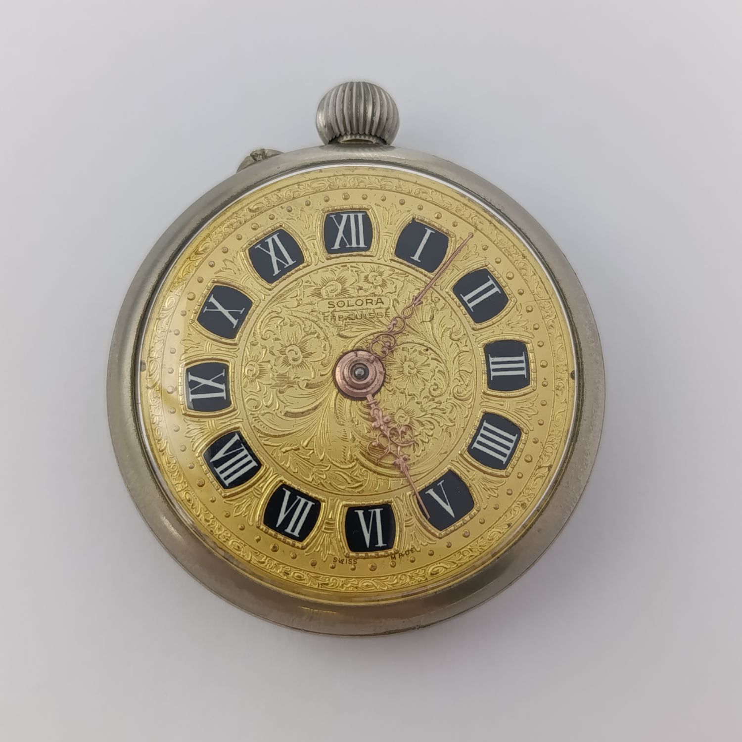 Antique Solora travelling pocketwatch - working - unusual skeleton design issued with no fob ring