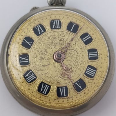 Antique Solora travelling pocketwatch - working - unusual skeleton design issued with no fob ring