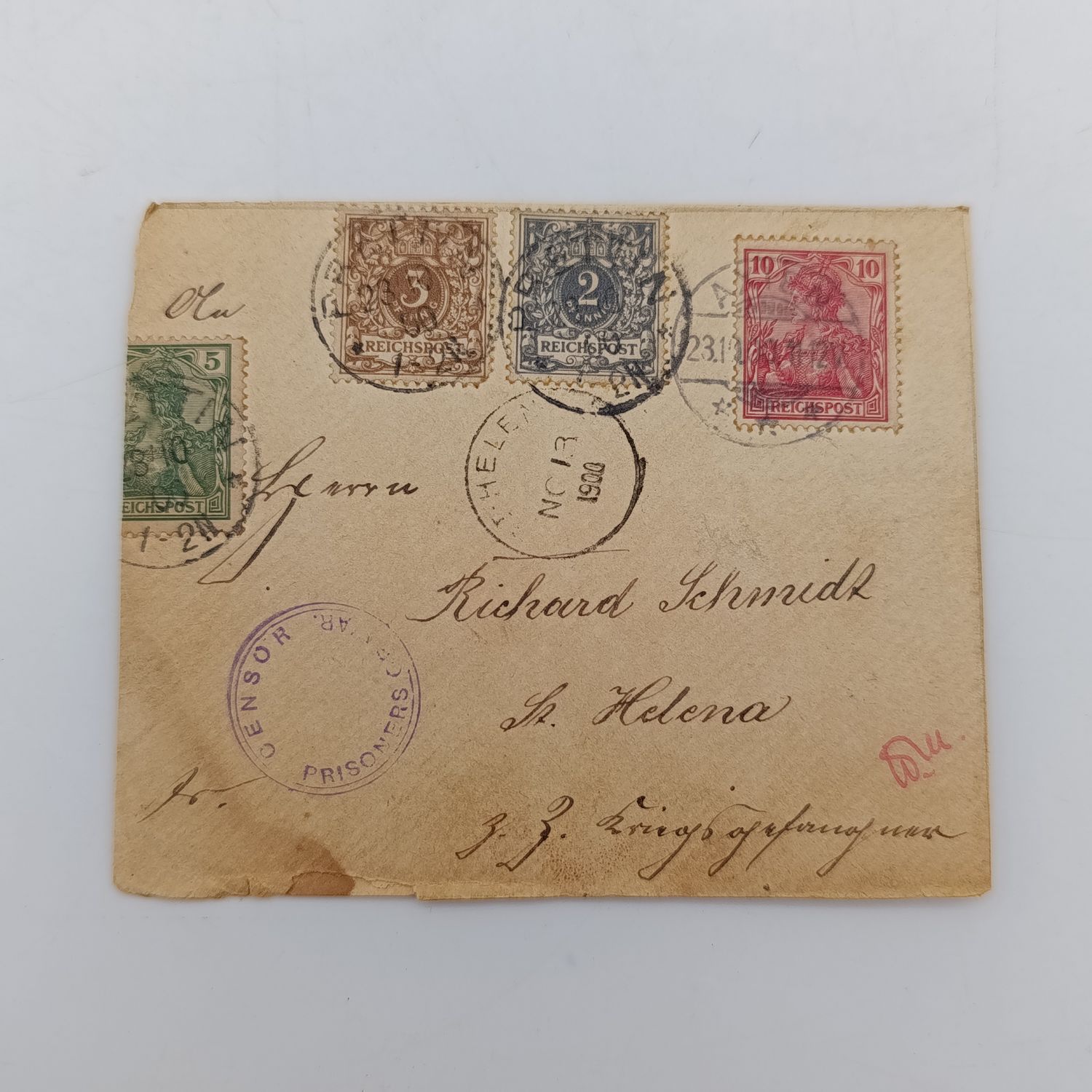 Boer War Pow letter fronts stuck back-to-back - one side posted from Groningen on 7 Dec 1900 to E.v.d. Horst, prisoner of war, St. Helena, arrived on 7 January 1901 with double ring censor