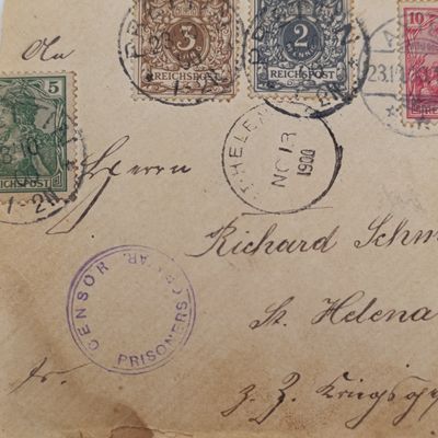 Boer War Pow letter fronts stuck back-to-back - one side posted from Groningen on 7 Dec 1900 to E.v.d. Horst, prisoner of war, St. Helena, arrived on 7 January 1901 with double ring censor
