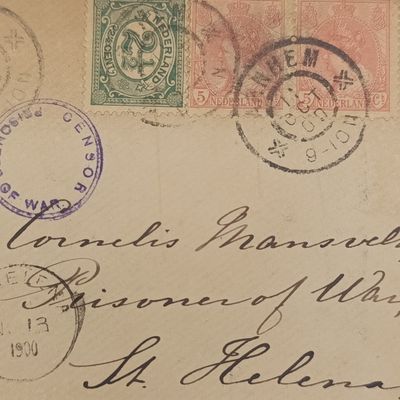 Boer War POW fronts stuck back to back one side to Schulte Brockhoff POW camp, Simonstown with Double rim censor mark posted from Oleve Germany 23-14-1900 other side to Cornelis Monsveld POW St Helena