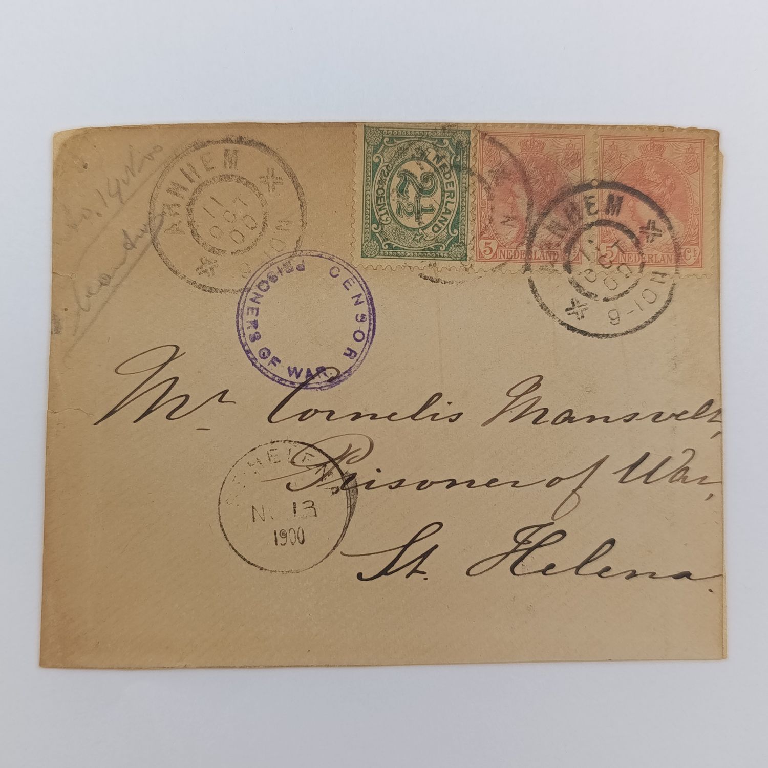 Boer War POW fronts stuck back to back one side to Schulte Brockhoff POW camp, Simonstown with Double rim censor mark posted from Oleve Germany 23-14-1900 other side to Cornelis Monsveld POW St Helena