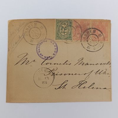 Boer War POW fronts stuck back to back one side to Schulte Brockhoff POW camp, Simonstown with Double rim censor mark posted from Oleve Germany 23-14-1900 other side to Cornelis Monsveld POW St Helena Boer War POW fronts stuck back to back one side to Schulte Brockhoff POW camp, Simonstown with Double rim censor mark posted from Oleve Germany 23-14-1900 other side to Cornelis Monsveld POW St Helena
