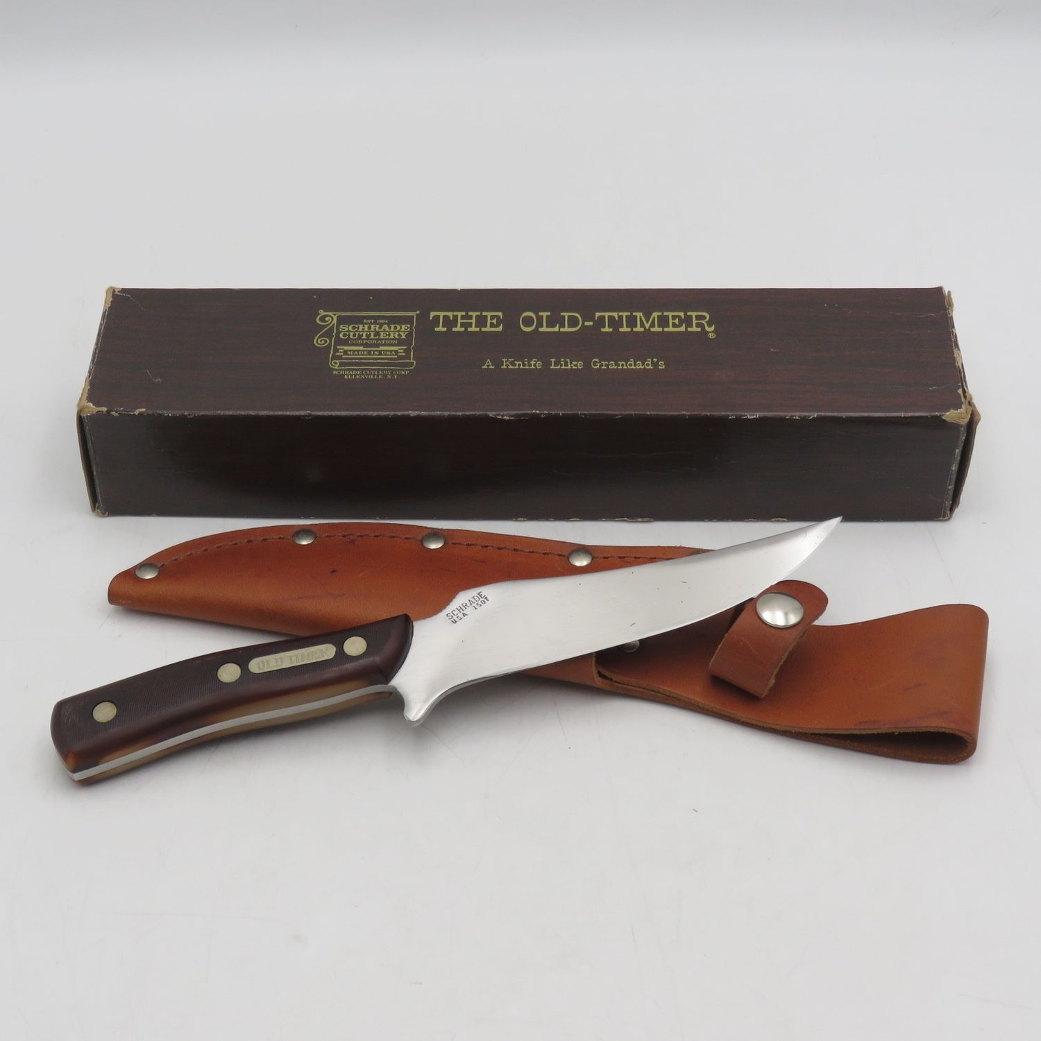Schrade Old Timer 150T fixed blade dagger knife in box with sheath