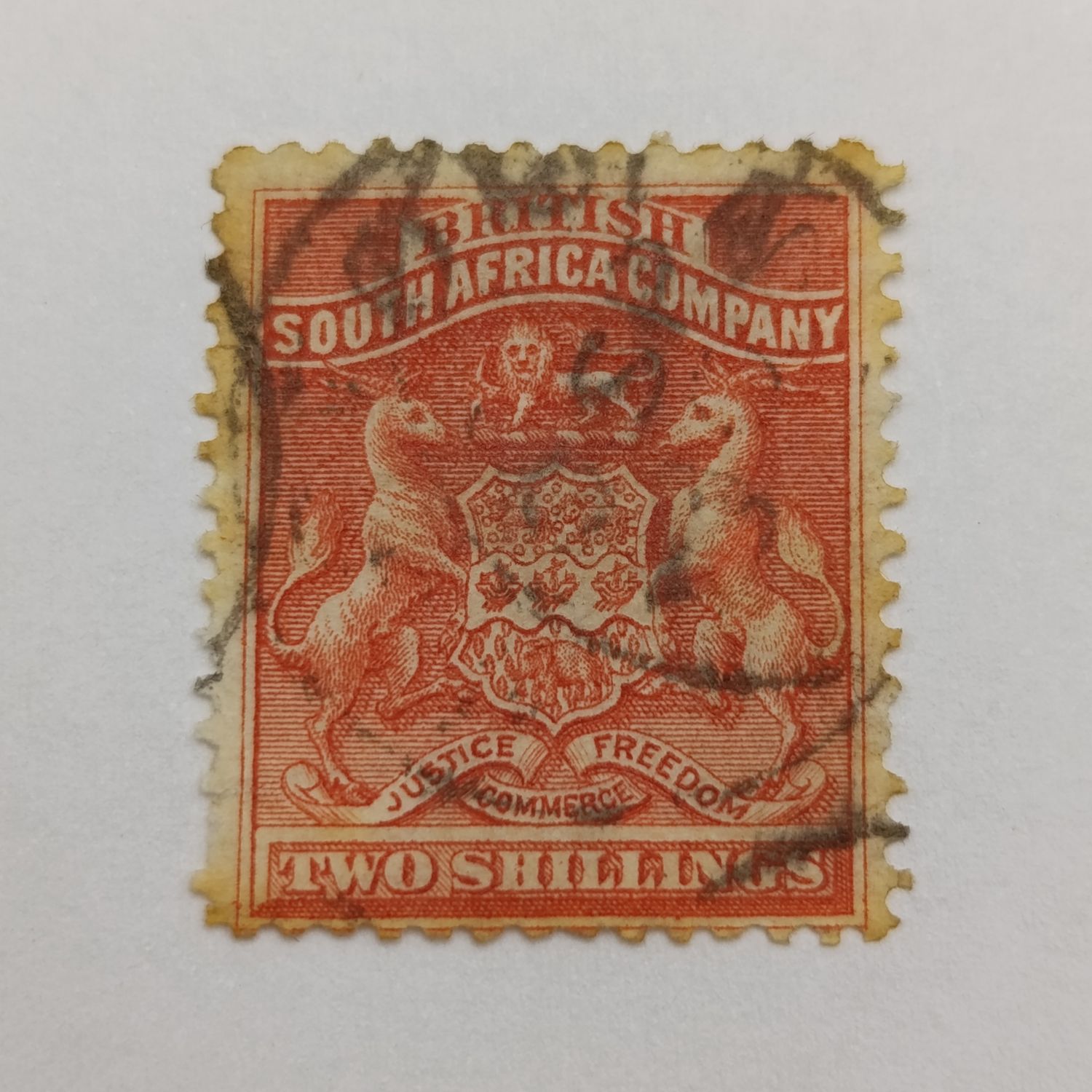 BSA Company Two shilling vermillion stamp used SACCS