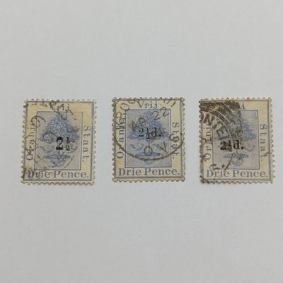 Oranje Vriy Staat 3 x three pence stamps with different 2 1/2d  overstamps