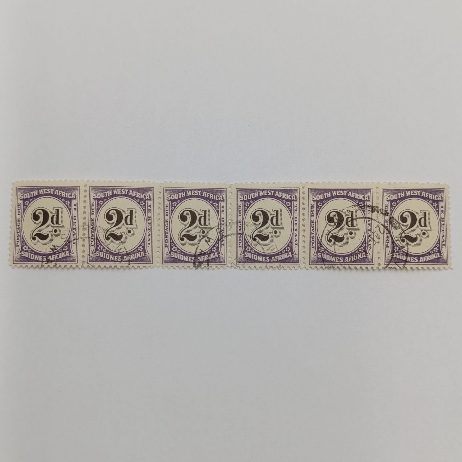 South West Africa SACC 48 Strip of 6 x 2d postage due stamps used