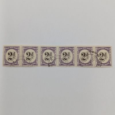 South West Africa SACC 48 Strip of 6 x 2d postage due stamps used