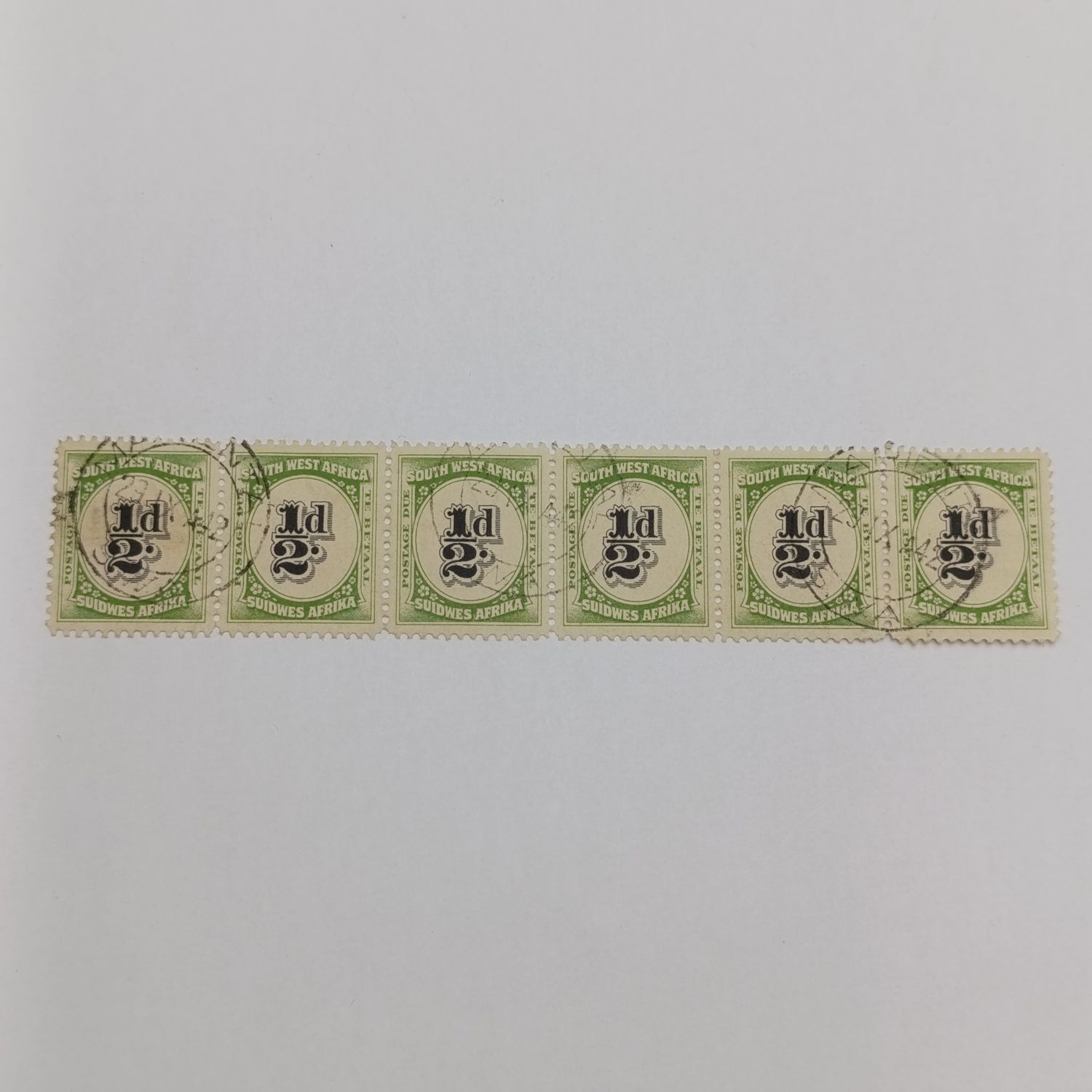 South West Africa SACC 46 Strip of 6 x 1/2d postage due stamps used