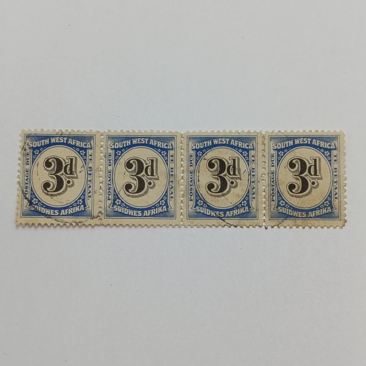South West Africa SACC 49 Strip of 4 x 3d postage due stamps used