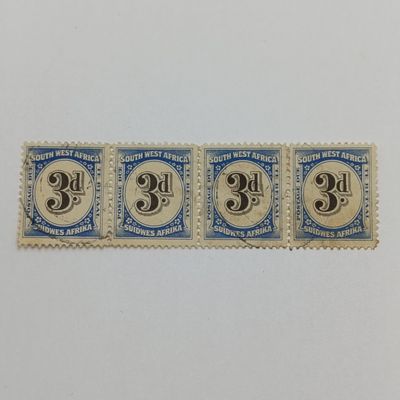 South West Africa SACC 49 Strip of 4 x 3d postage due stamps used