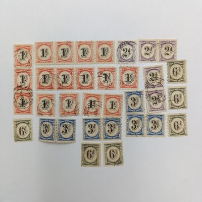 South West Africa Page with 34 postage due stamps - all used SACC 47,48,49,50