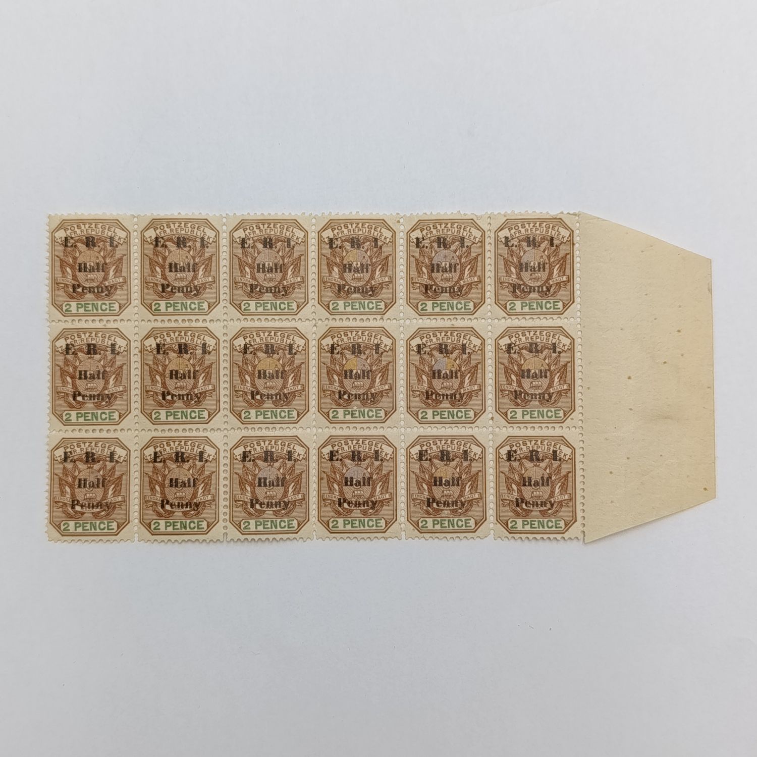 ZAR 2 Pence stamp overprinted E.R.I. Half Penny - Mint block of 18 stamps