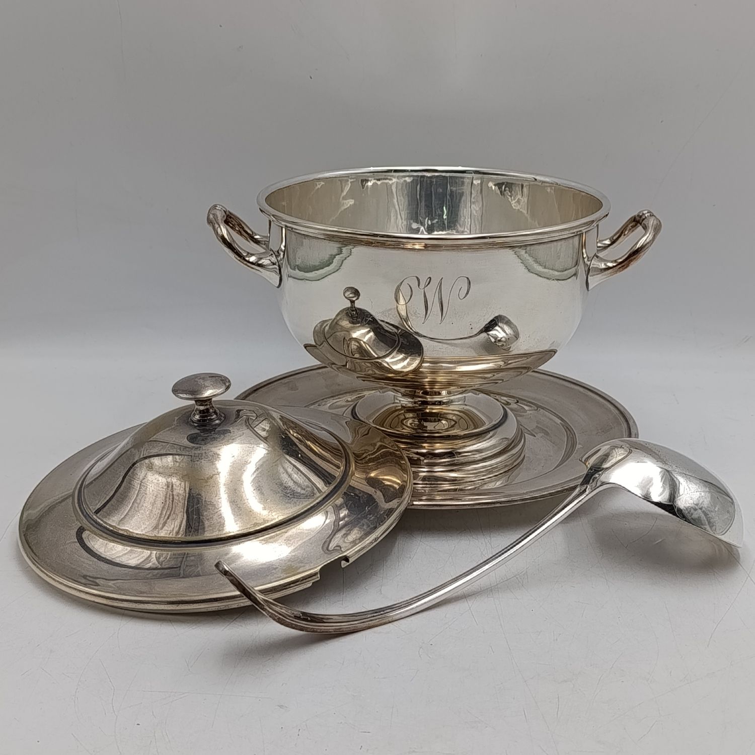 Vintage silverplated soup tureen with soup ladle and drip tray - different brands