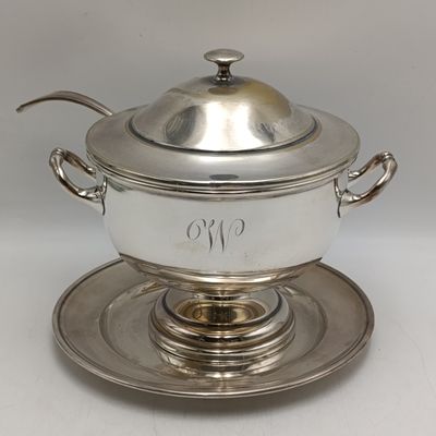 Vintage silverplated soup tureen with soup ladle and drip tray - different brands