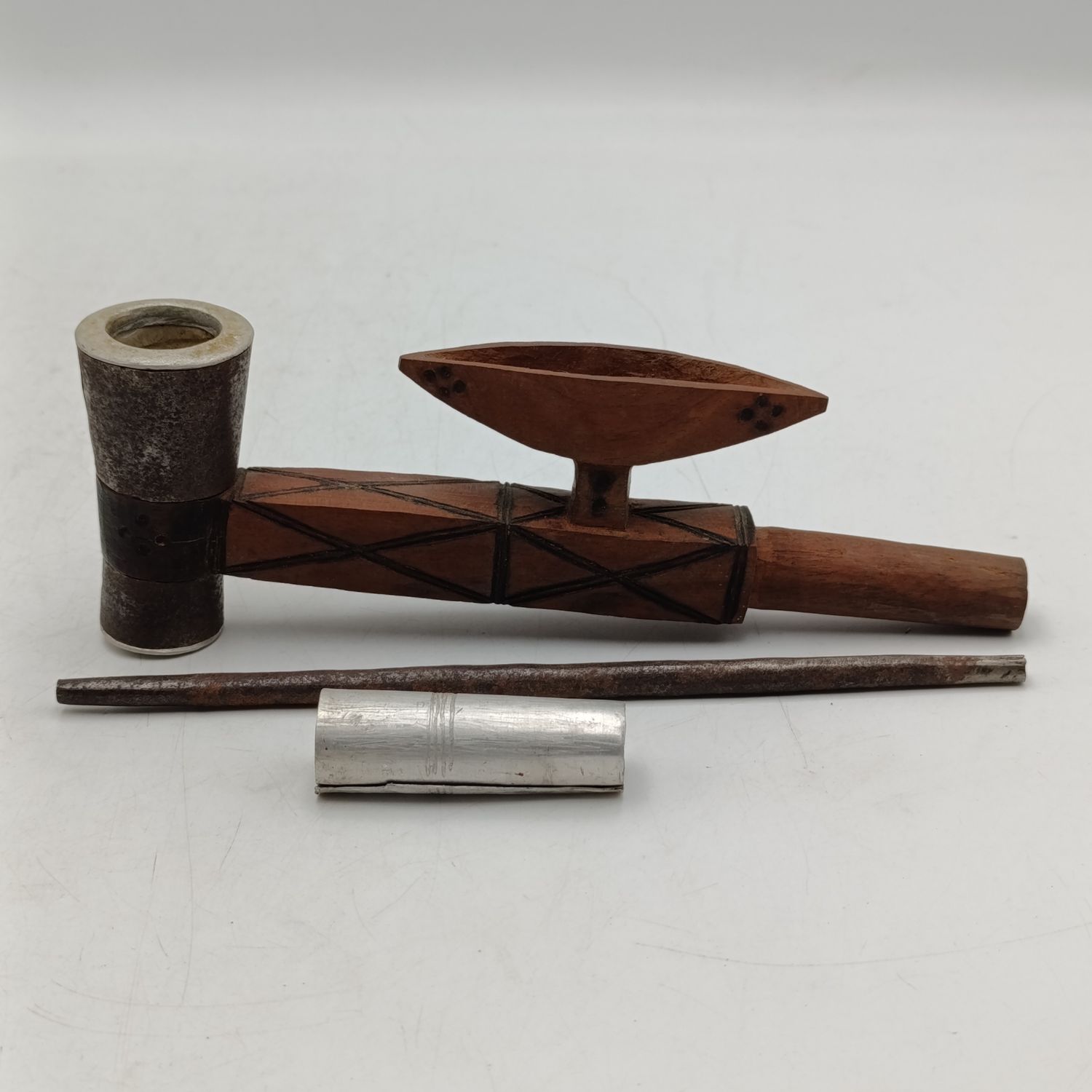 Antique wooden and metal smoking pipe from Chokwe tribe