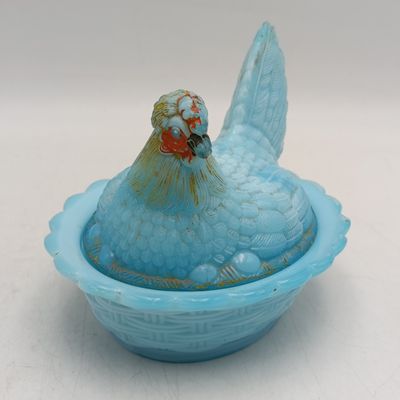 Vintage blue glass hen butter dish