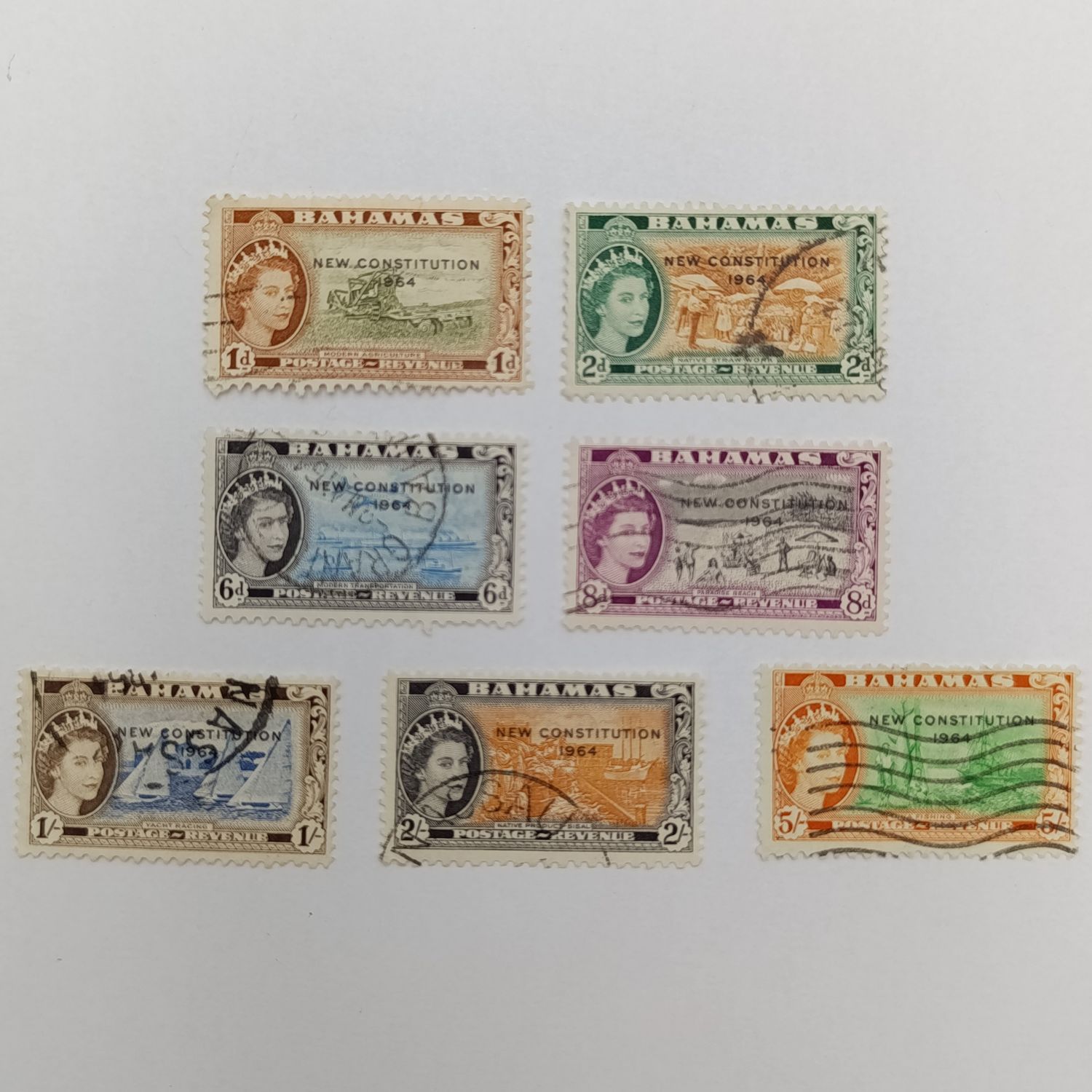 Lot of 7 Bahamas used QE 2 stamps including 1, 2 &amp; 3 shilling stamps - New Constitution 1964 overprint
