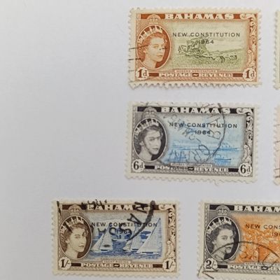 Lot of 7 Bahamas used QE 2 stamps including 1, 2 &amp; 3 shilling stamps - New Constitution 1964 overprint