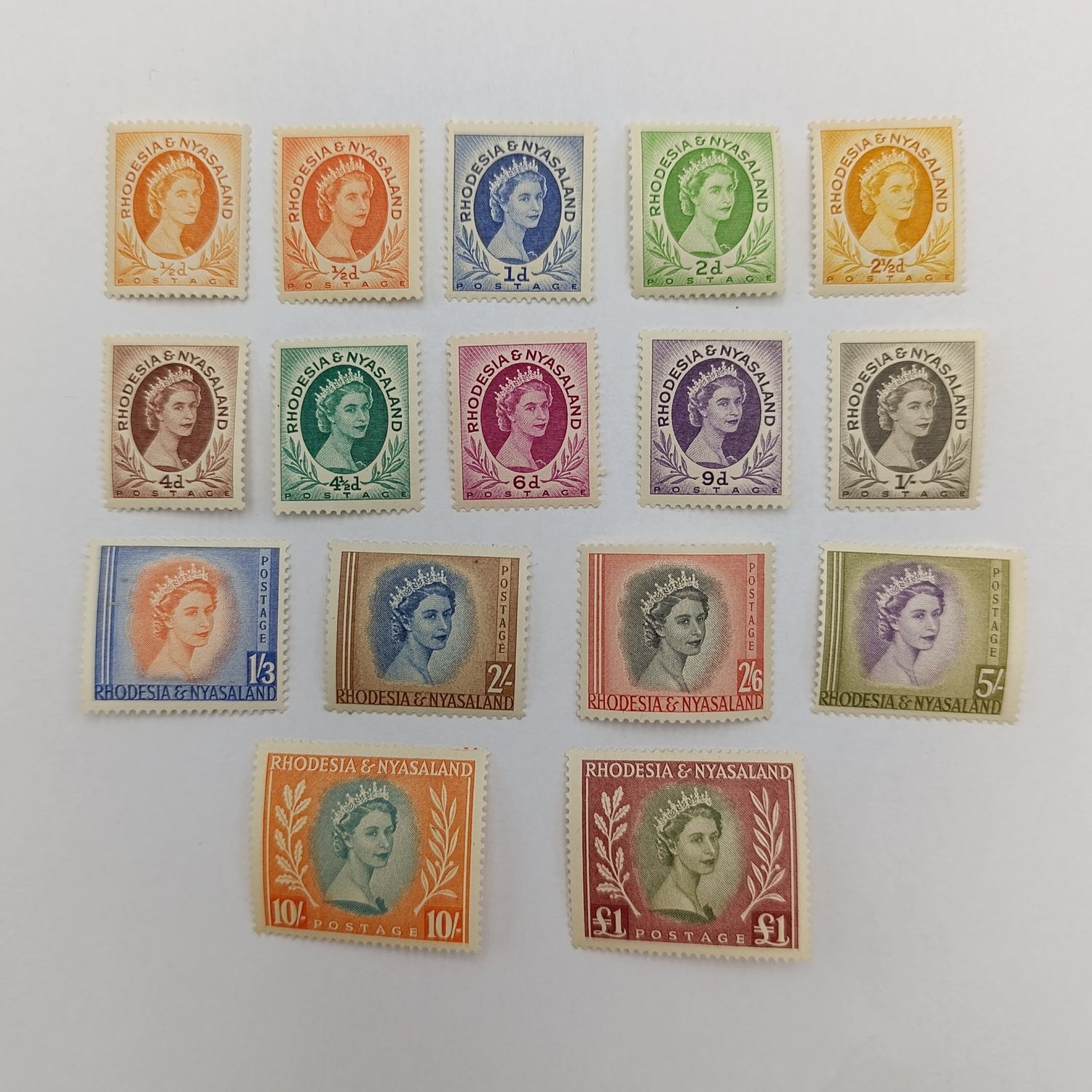 1954 Rhodesia &amp; Nyasaland definitive issue mint lot of 16 stamps as depicted