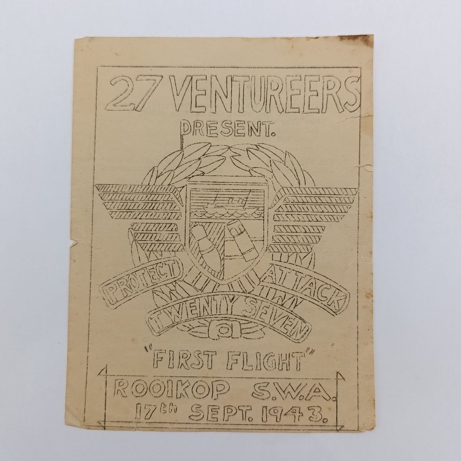 WW2 1943 Program for a show presented by the AIRBORNE (VENTUREERS) at Rooikop base, South West Africa