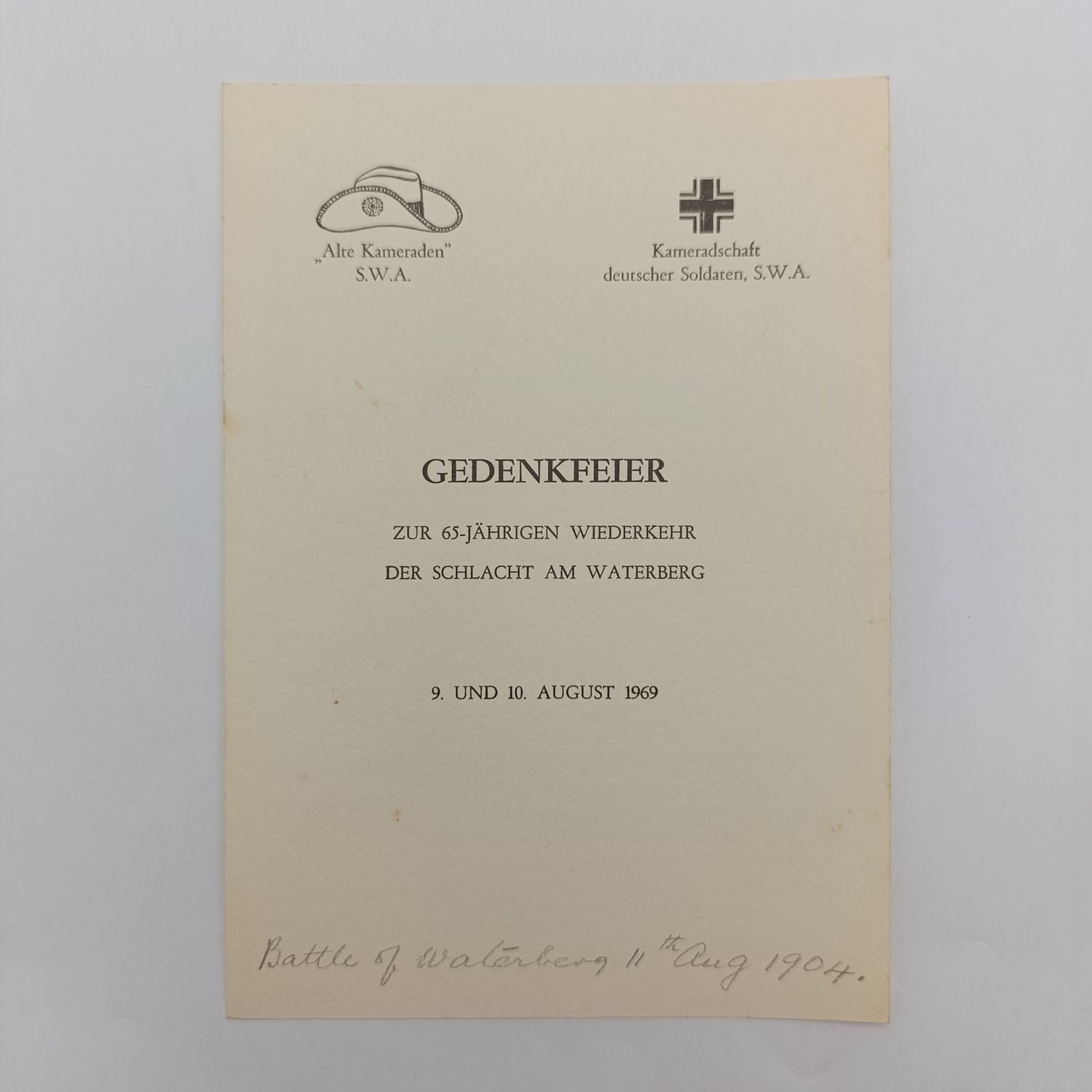 1969 Commemorative program for the battle of Waterberg, South West African 11 Aug 1904 organized by Alte Kameraden, SWA &amp; Kameradschaft deutscher Soldaten, SWA